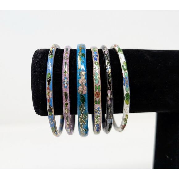 Vintage Jewelry - Vintage Cloisonne Bracelet Lot Bangle Enamel Metal Pink Blue Black Purple